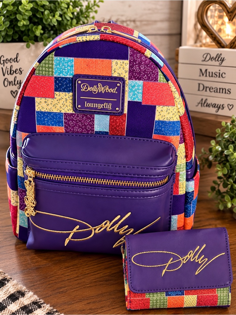 Loungefly Dolly Parton Coat of Many Colors Patchwork Mini Backpack & Wallet Set